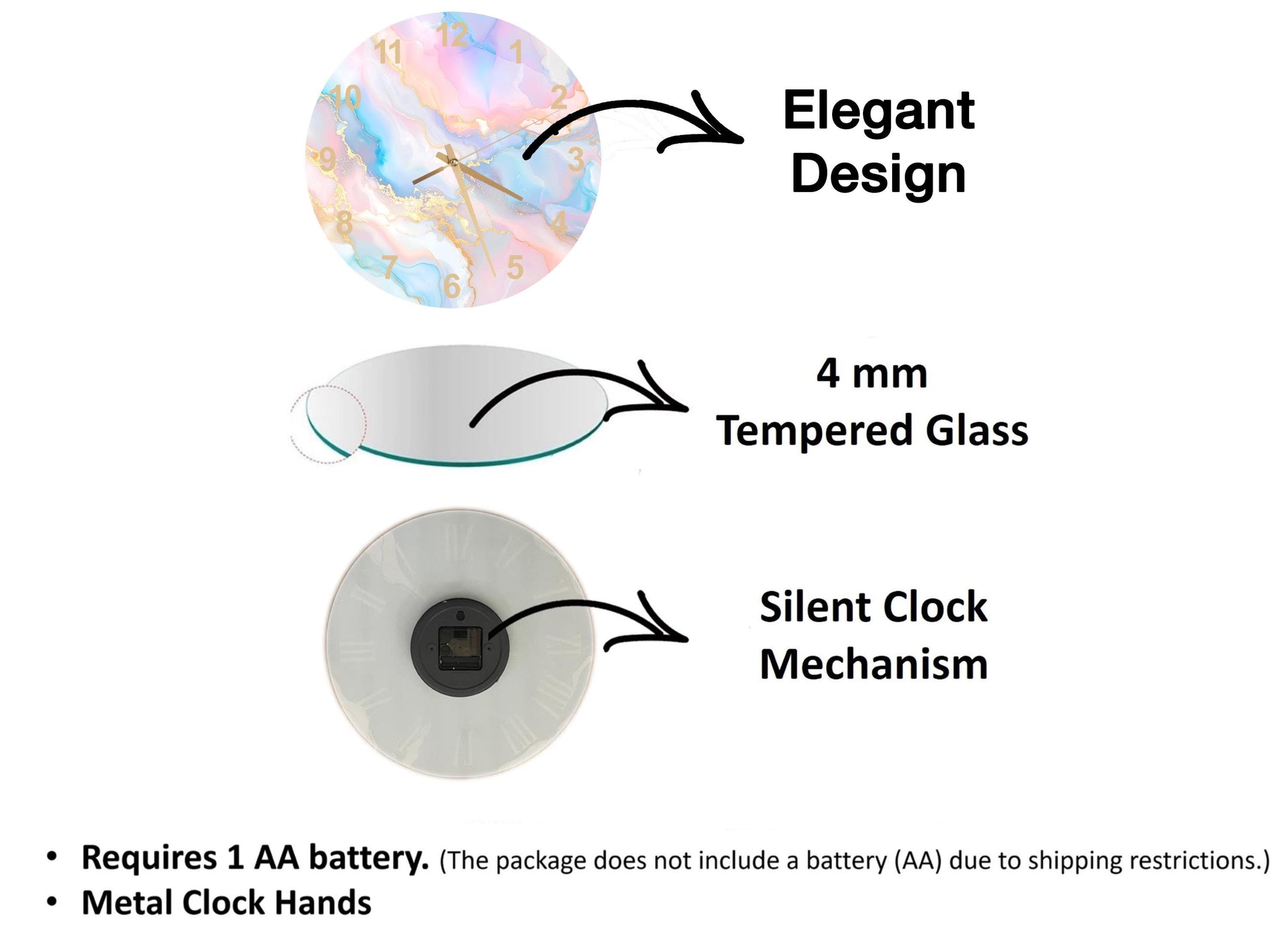 The image is a diagram that illustrates the features of a clock, including its design, size, and mechanism. It shows a 4 mm Tempered Glass clock, a silent clock mechanism, and a metal clock hand. The diagram also includes text that explains the features of the clock, such as the requirement of a 1 AA battery and the absence of a battery (AA) due to shipping restrictions.