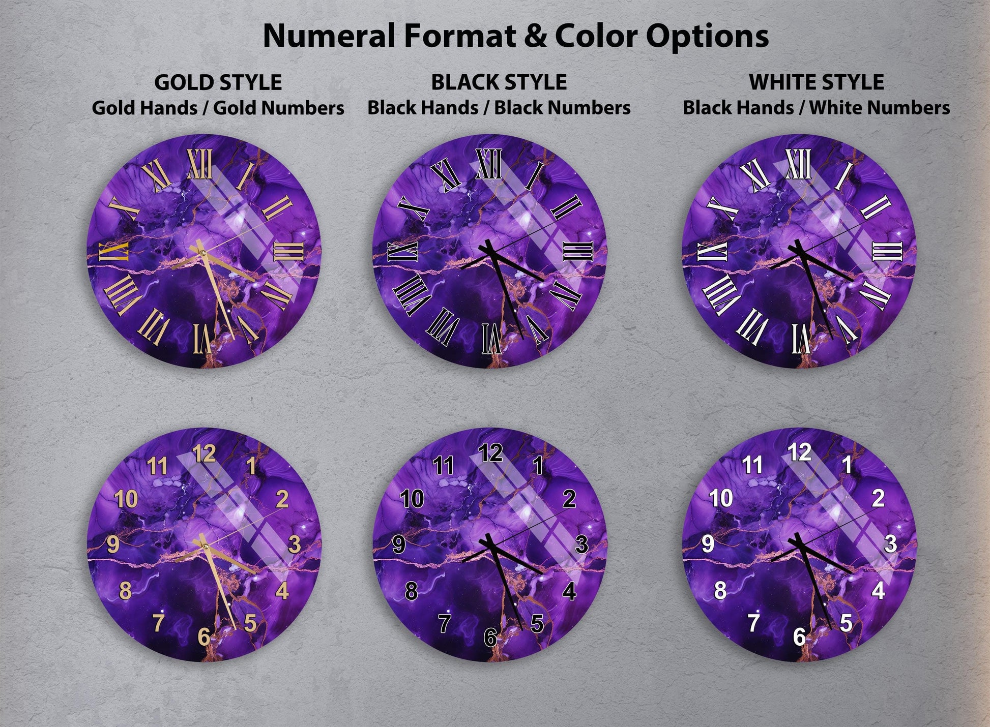 a collection of six clock faces with different styles and color options, including gold, black, white, and black and white.