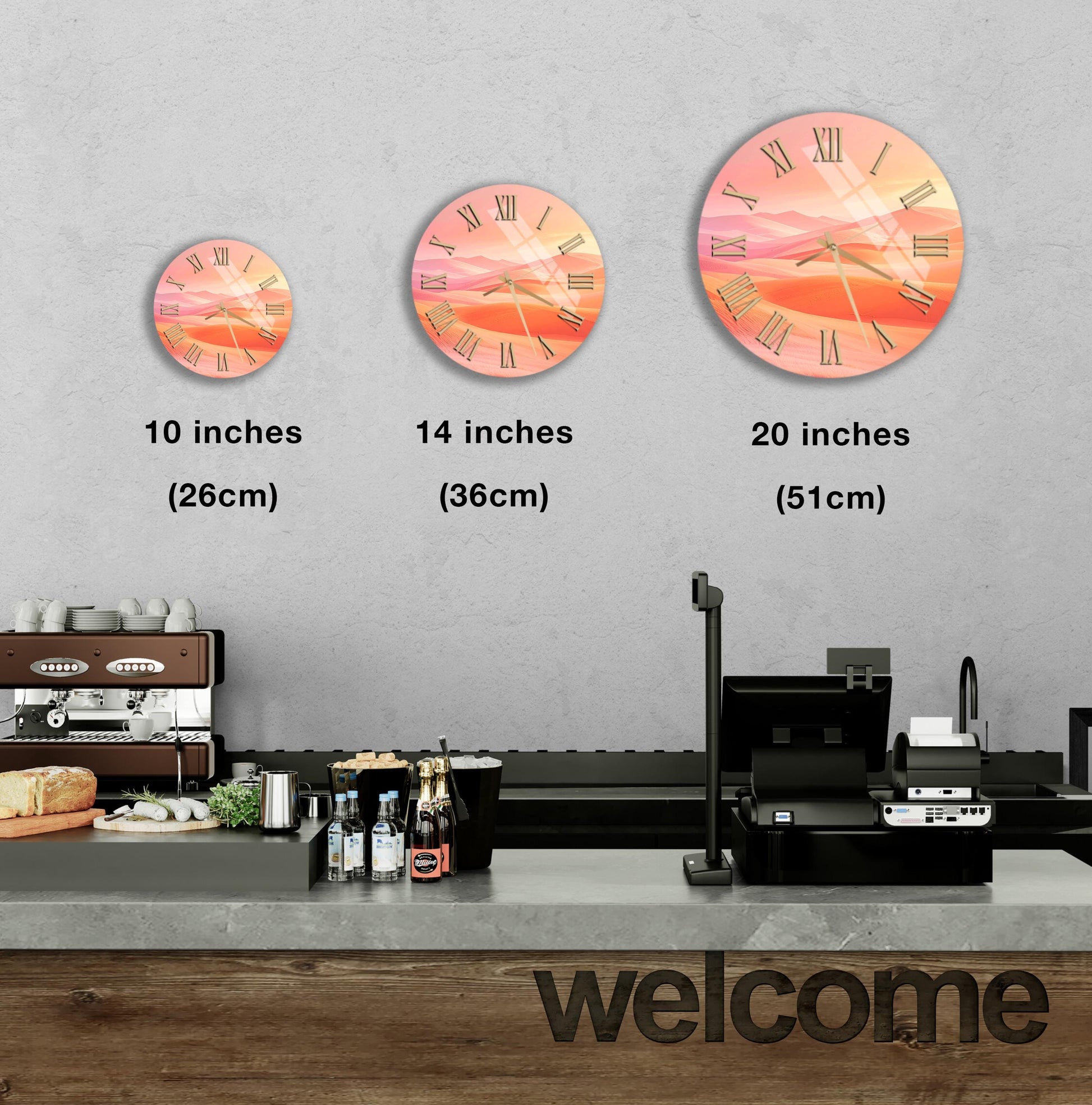 a wall clock with three different sizes, ranging from 10 inches to 20 inches, and a counter with a cash register and various items on it.