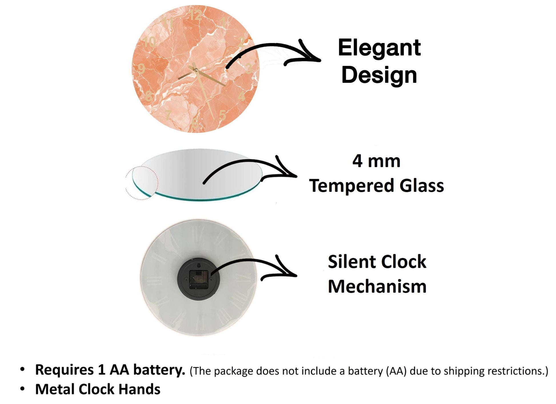The image is a diagram that illustrates the features of a clock, including the type of glass used, the mechanism, and the battery requirements.