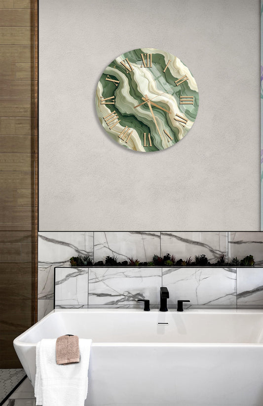 Tempered Glass Wall Clock – Green Agate Design | Modern Abstract Style Decor
