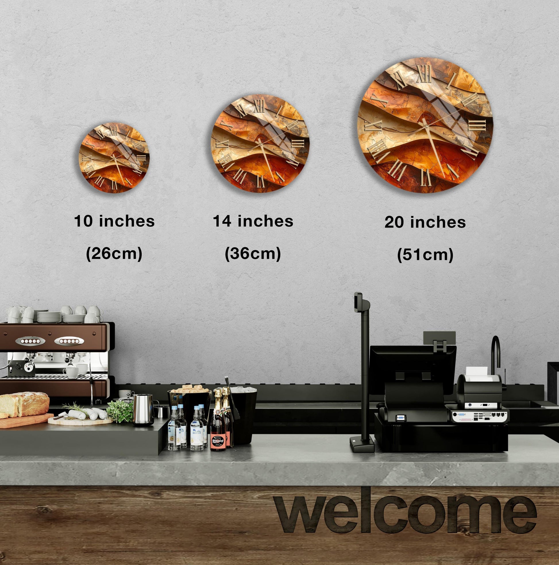 a counter with a cash register, a coffee machine, and a welcome sign. There are three clock images displayed on the wall, each representing a different size: 10 inches, 14 inches, and 20 inches.