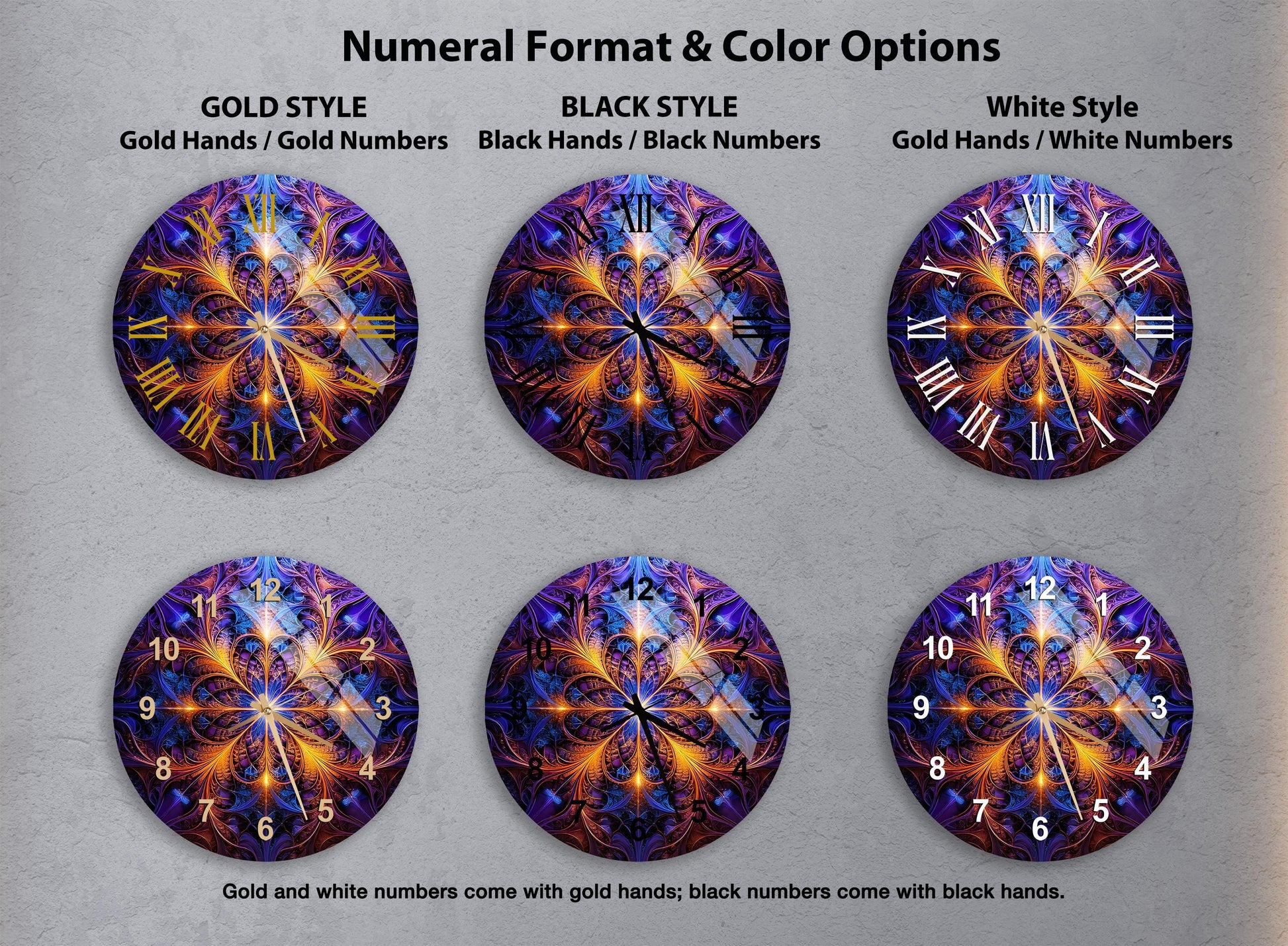a set of four clocks with different designs on them