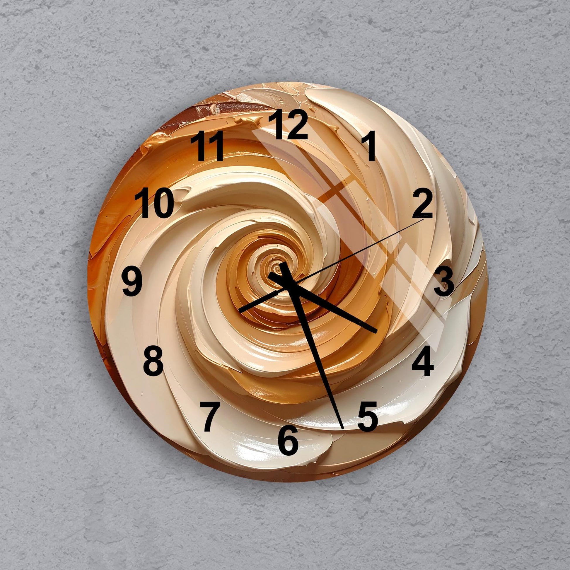 A wall clock with a spiral design on its face, displaying the time as approximately 10:10.