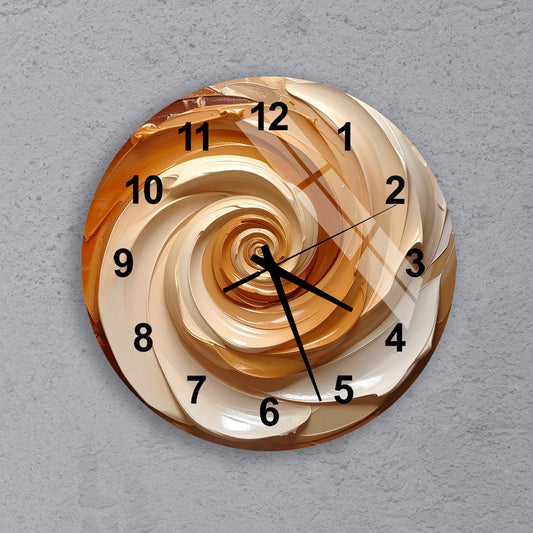 A wall clock with a spiral design on its face, displaying the time as approximately 10:10.