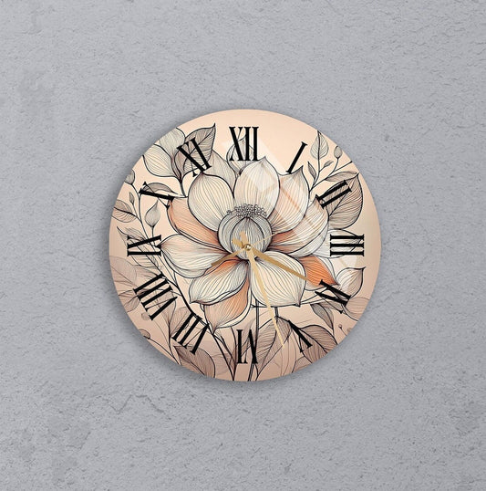Tempered Glass Wall Clock - Abstract Floral Design, Silent Mechanism, Easy Hang