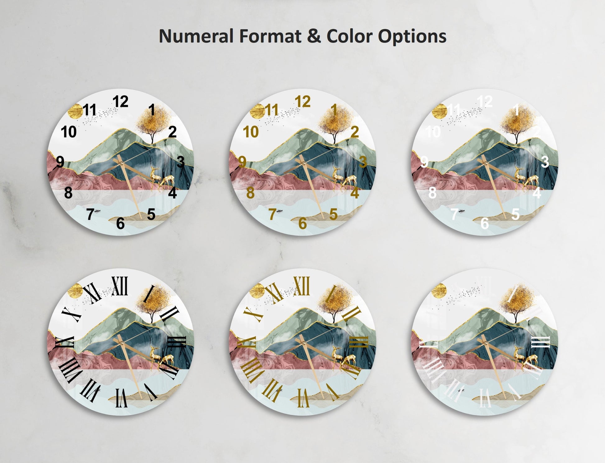 a set of four clocks with a mountain scene on them