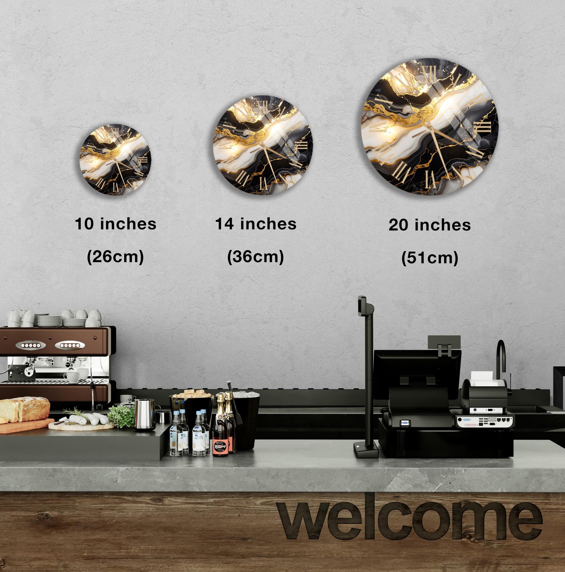 a counter with a cash register, a coffee machine, and a display of various items such as bottles and bread. Above the counter, there are three clock-like designs in different sizes, ranging from 10 inches to 20 inches. The image also includes text that provides the sizes of the clock-like designs, with the smallest one being 10 inches and the largest one being 20 inches.