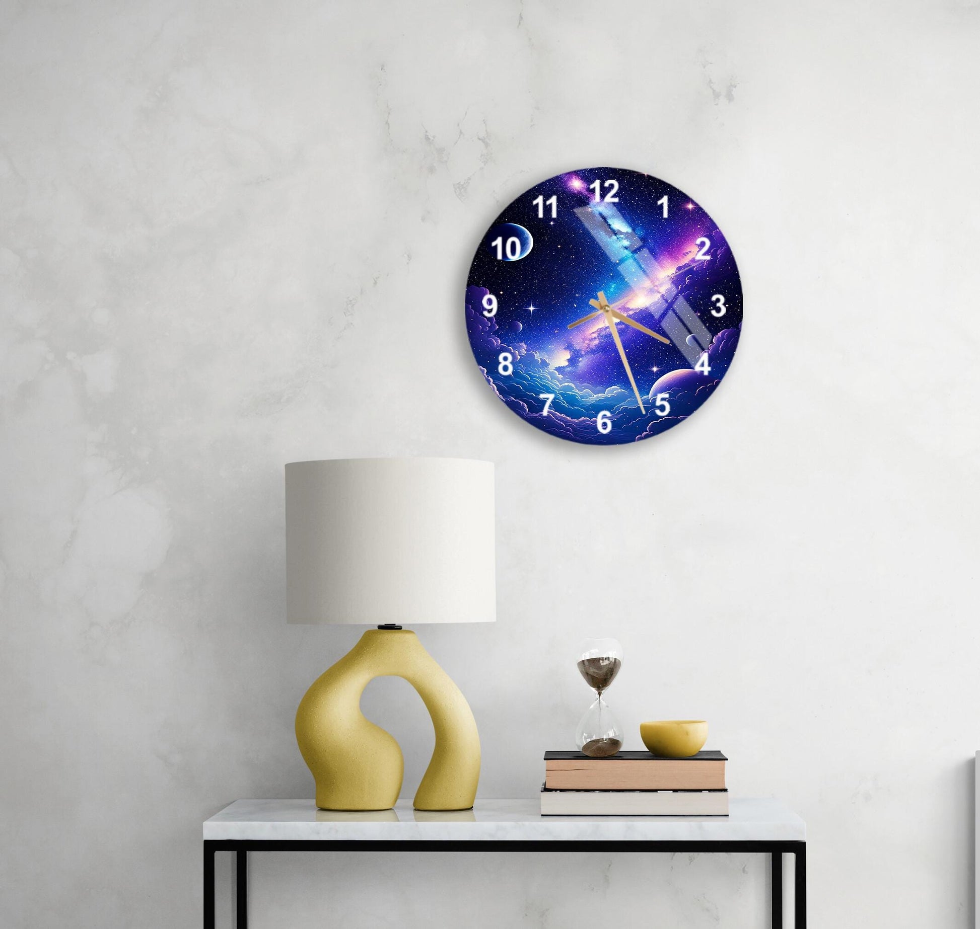 a table with a lamp and a clock on it