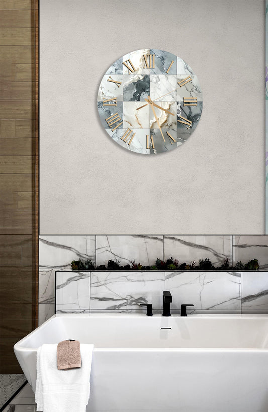 Tempered Glass Wall Clock – Marble Tile Design | Silent Sweep, Modern Decor