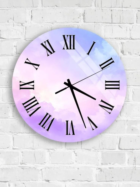 A round wall clock with Roman numerals and a pastel-colored background, mounted on a white brick wall.