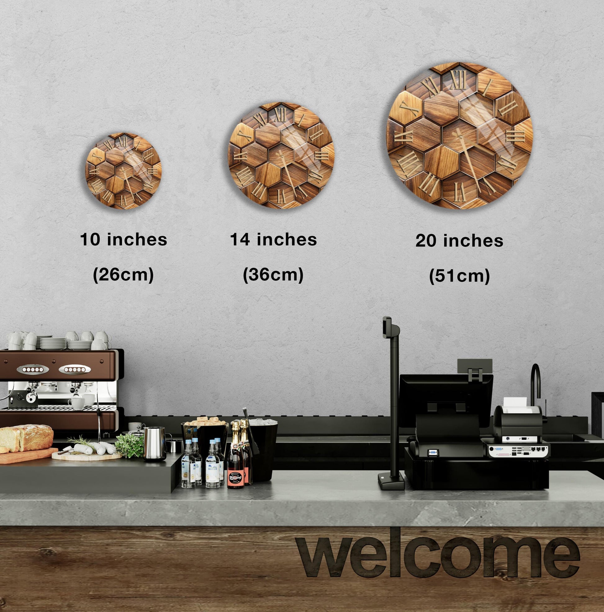 A wall clock with wooden hexagonal shapes is displayed in three different sizes, ranging from 10 inches to 20 inches, with the largest clock being 20 inches. The image also includes a counter with various items, such as bottles and a cash register, and a "welcome" sign.