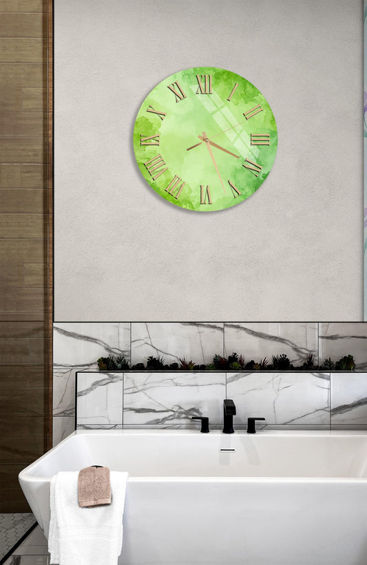 Tempered Glass Wall Clock - Green Watercolor Design | Minimalist Round Decor