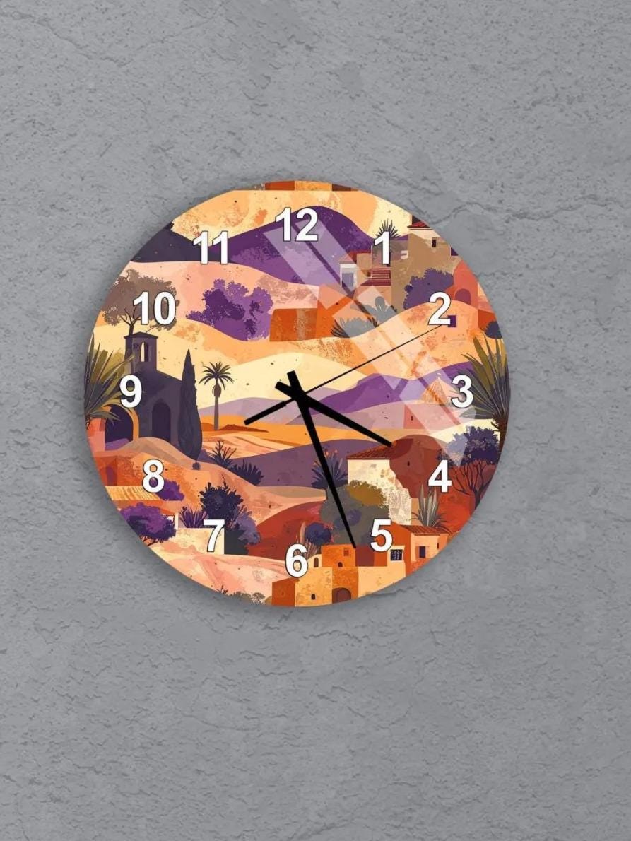 six circular wall clocks with abstract designs on their faces, arranged in a grid pattern on a gray background.