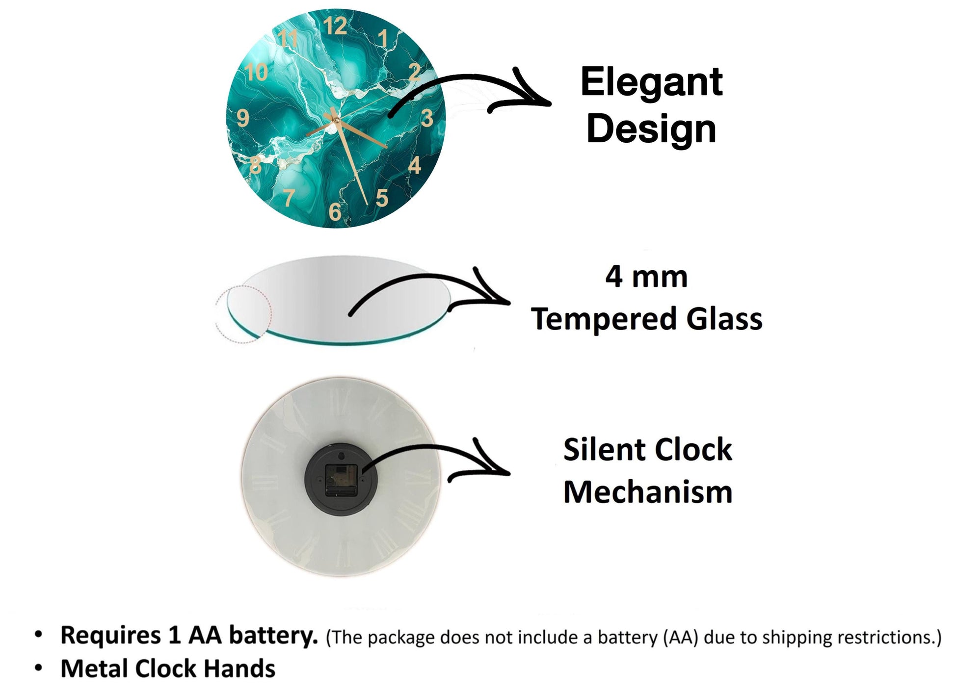 three different types of clocks: a glass-fronted clock, a metal clock mechanism, and a silent clock mechanism. Each clock has a different design and features.