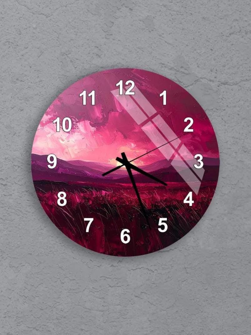 six circular wall clocks with different designs and colors, including a pink and purple color scheme.