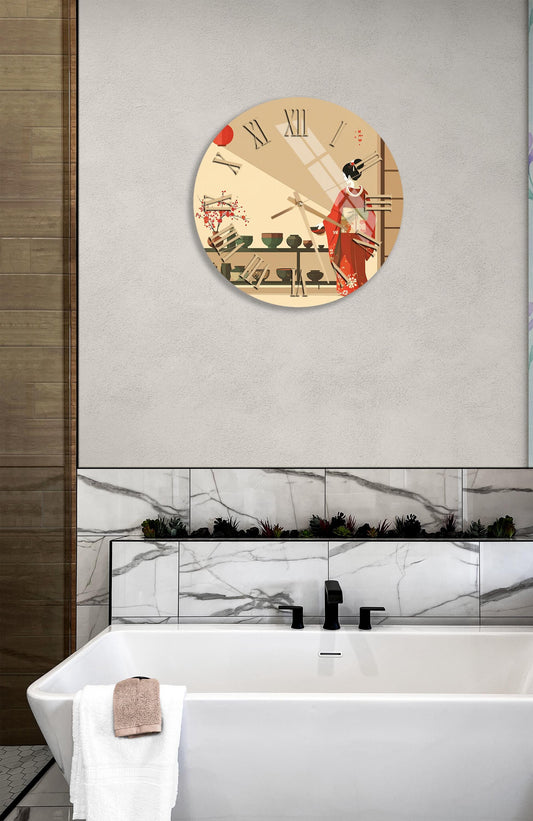 Tempered Glass Wall Clock – Elegant Geisha Design, Beige, Silent Non Ticking