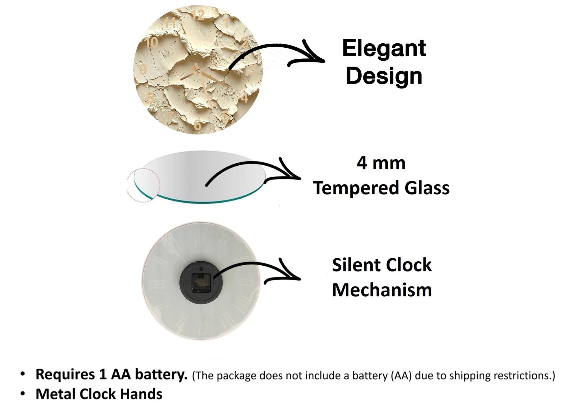 The image is a diagram that illustrates the features of a watch, including its design, battery, and mechanism.