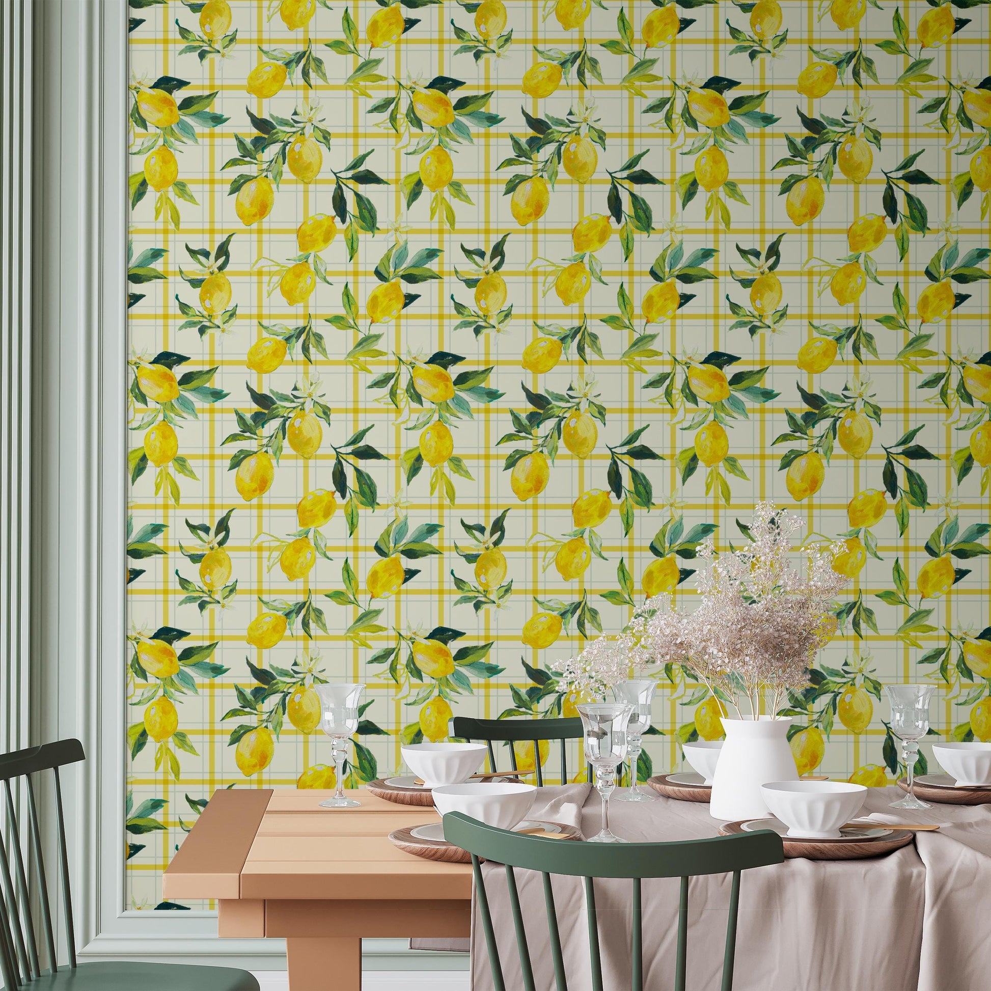 a dining area with a table set for a meal, surrounded by chairs. The wall behind the table is covered in a vibrant yellow and green patterned wallpaper, creating a cheerful and lively atmosphere. The table is set with plates, bowls, and glasses, ready for a meal.