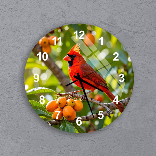 A red cardinal perched on a branch with oranges, creating a vibrant and colorful scene.