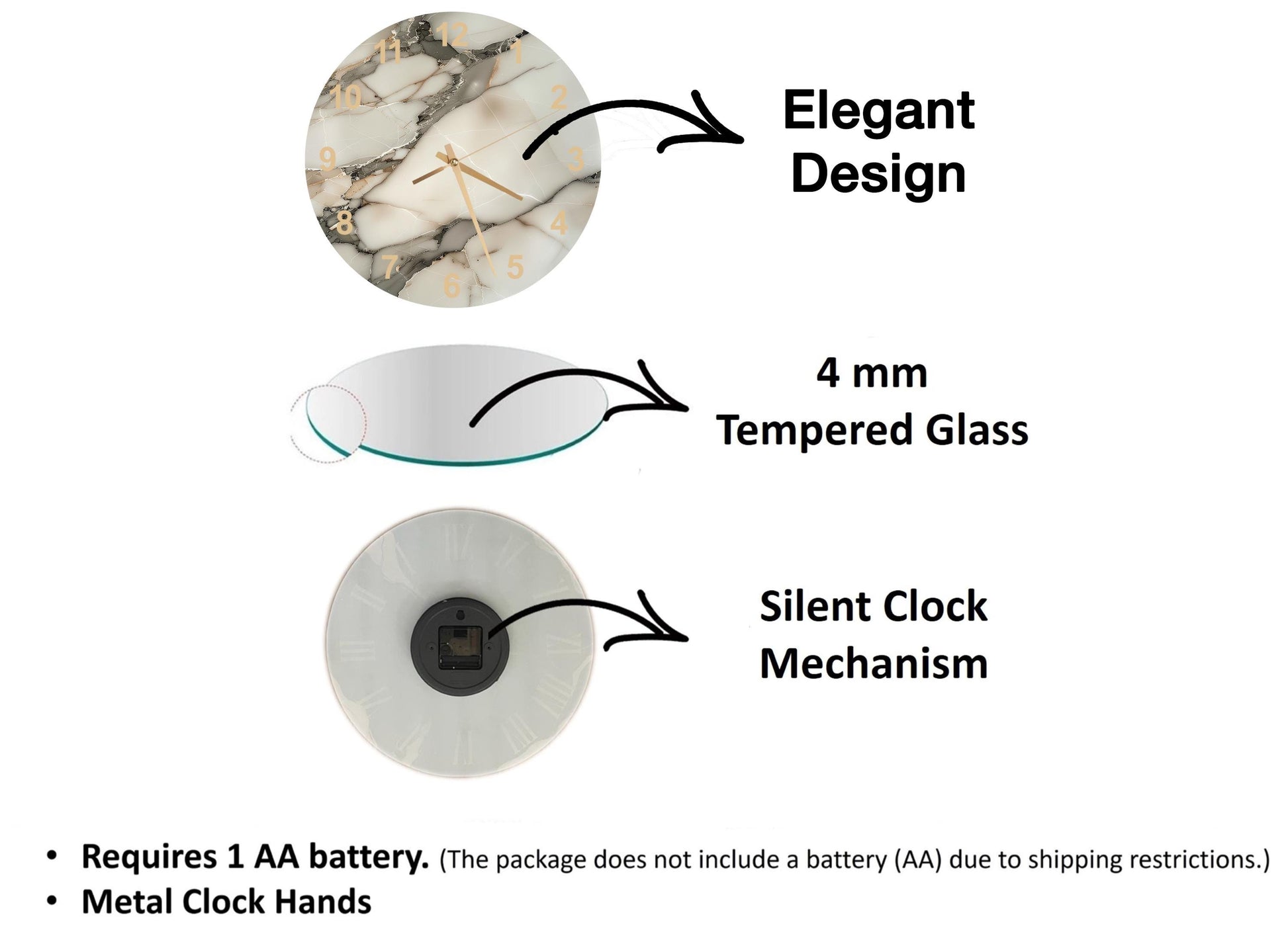 The image is a diagram that illustrates the features of a clock, including its design, size, and mechanism. It shows a marble-patterned clock with a 4 mm Tempered Glass face, a silent clock mechanism, and a metal clock hand. The diagram also includes text that describes the clock's features, such as the need for a 1 AA battery and the absence of a battery (AA) due to shipping restrictions.