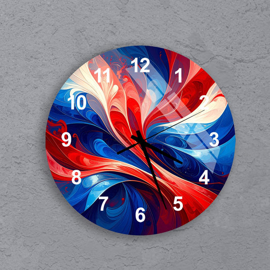 A colorful, abstract wall clock with swirling patterns in red, blue, and white.