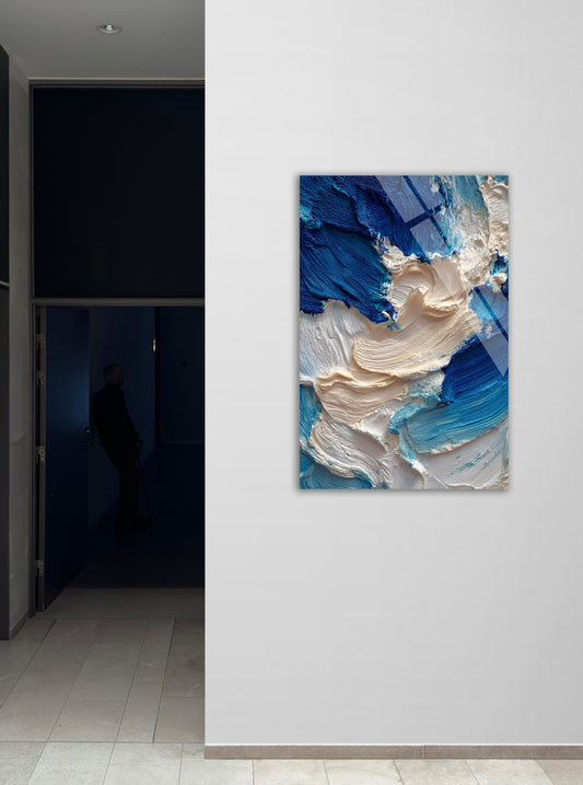 Tempered Glass Wall Art - Blue Cream Abstract Glass Art, Navy White Decor