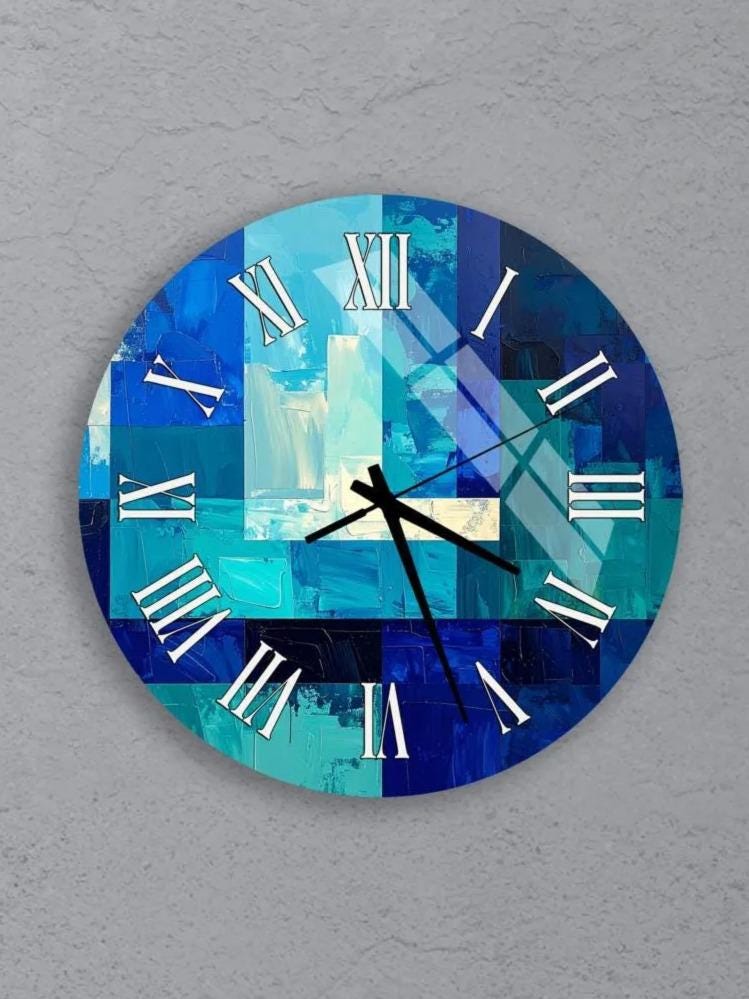 six circular wall clocks with blue and white color schemes, each featuring a unique design and arrangement of numbers and hands.