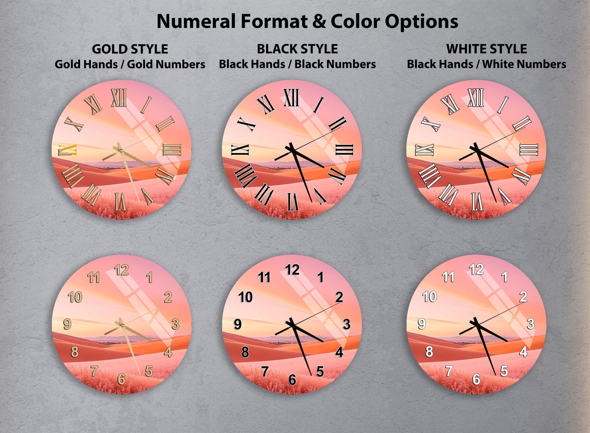 a collection of six clock faces with different styles and color options, including gold hands, black hands, black numbers, and white numbers.