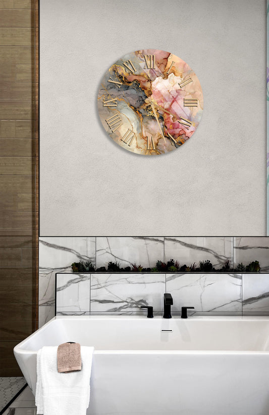 Tempered Glass Wall Clock - Abstract Marble Design Pink Gray Gold, Modern Decor