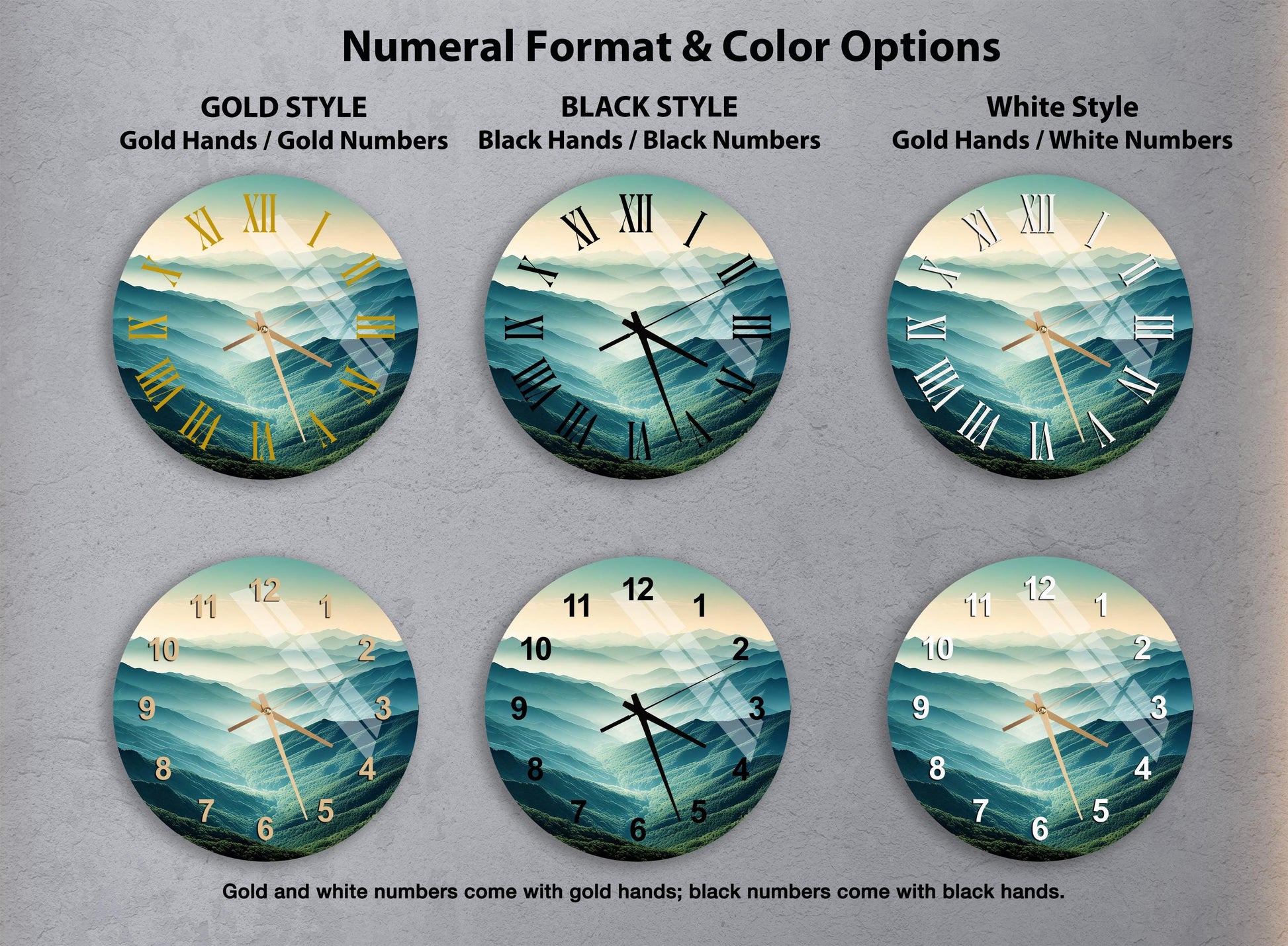 a set of four clocks with different designs on them