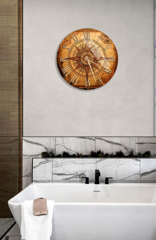 Antique Map Wall Clock - Tempered Glass, Nautical Compass, Vintage Style Decor