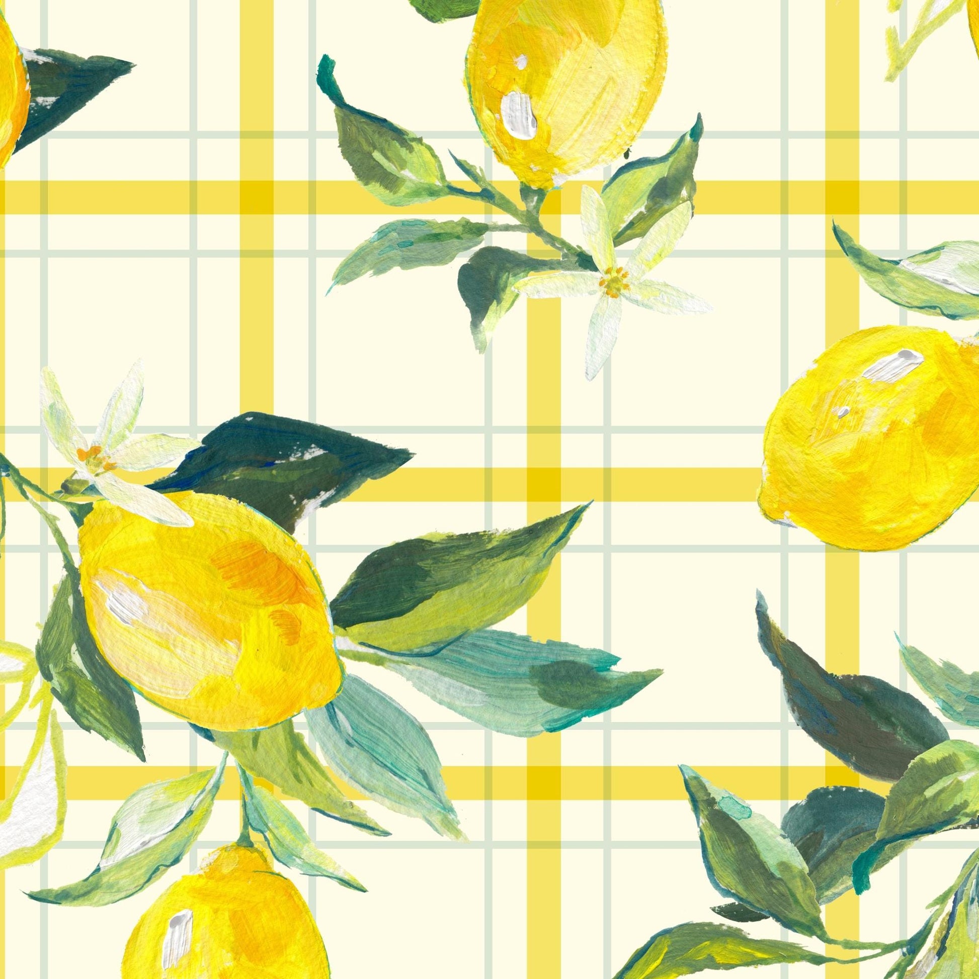 a repeating pattern of yellow lemons with green leaves against a yellow and white checkered background.