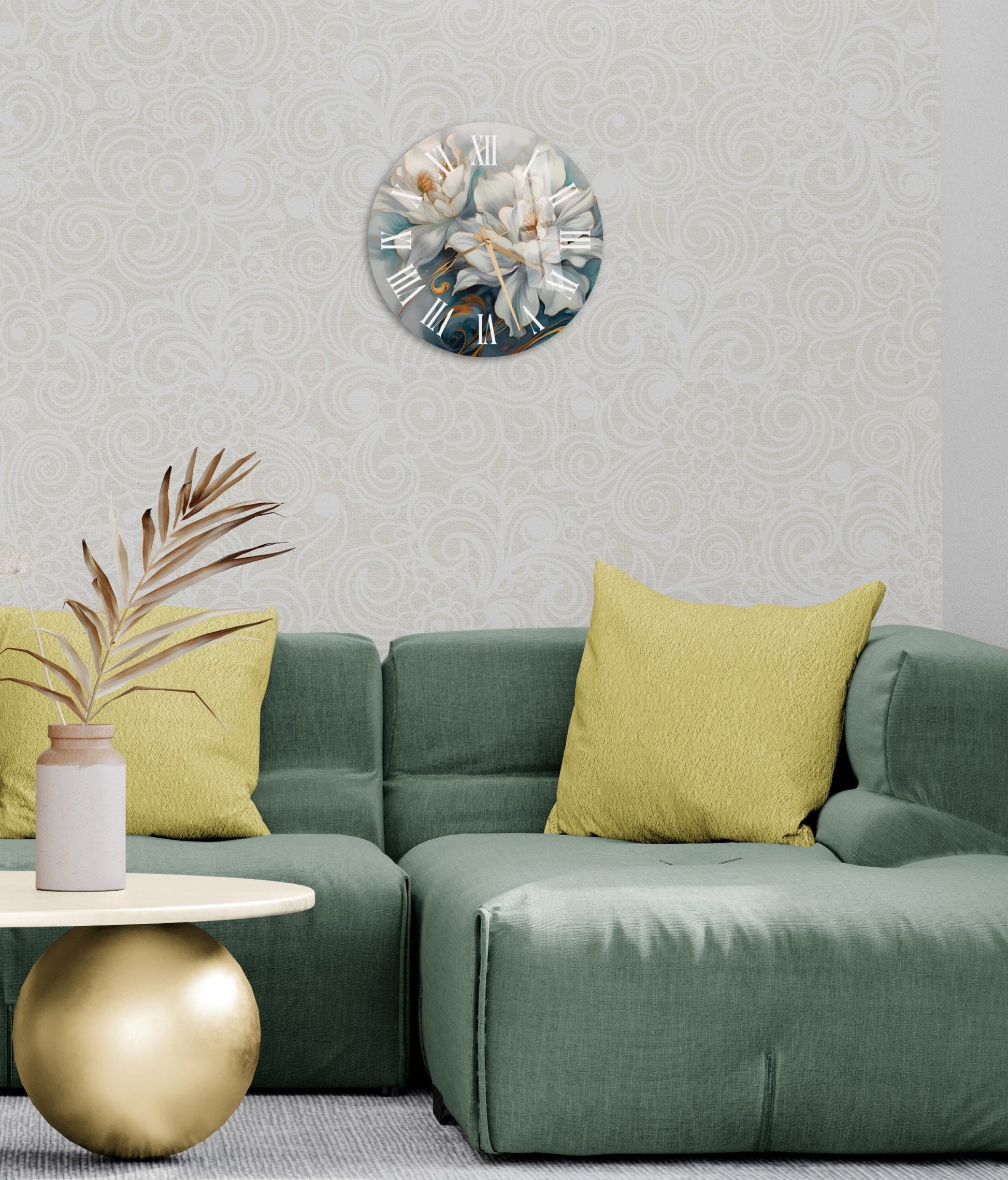 a living room with a green couch and a clock on the wall
