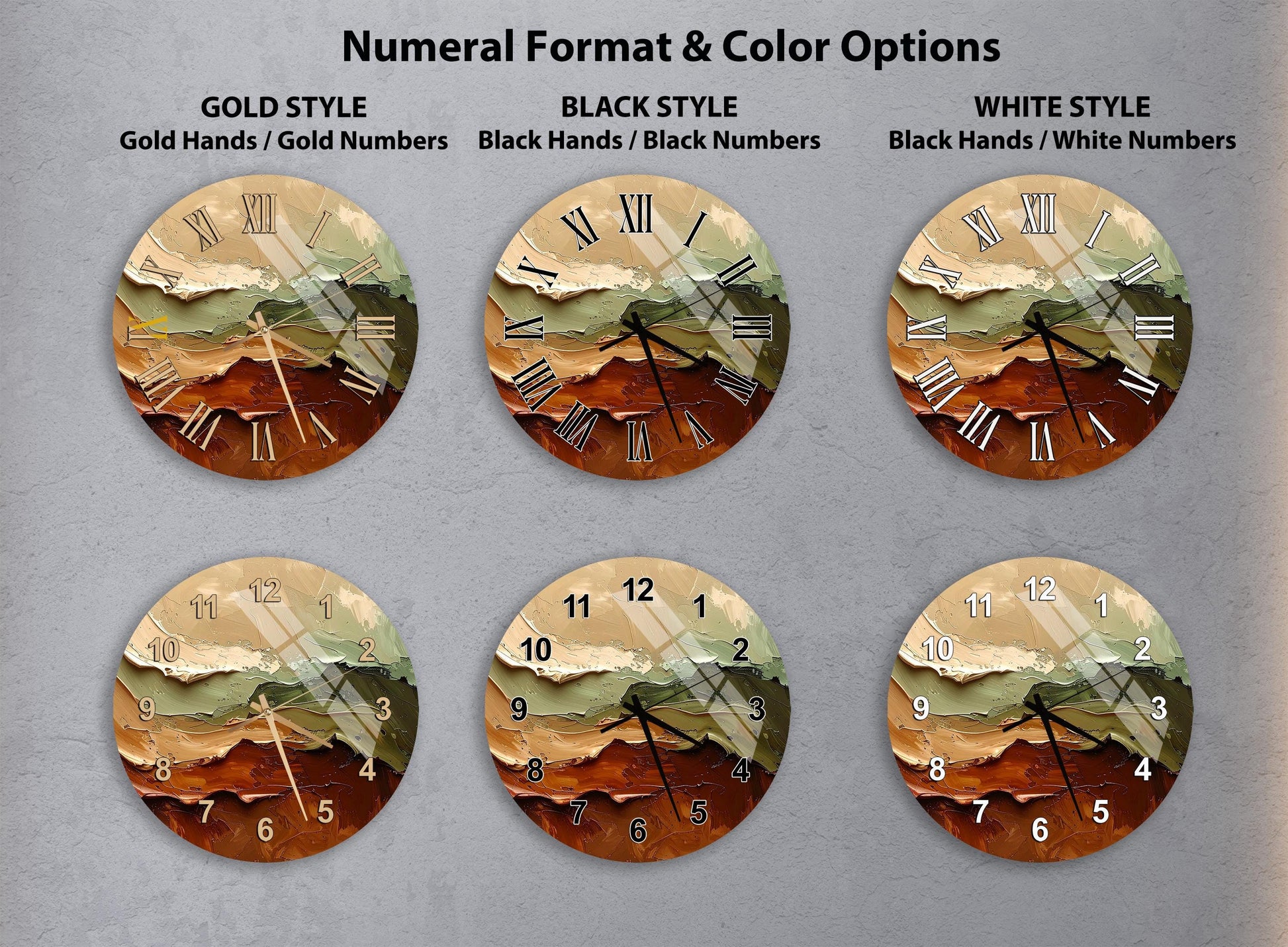 a collection of six clock faces with different styles and color options, including gold, black, white, and black and white.