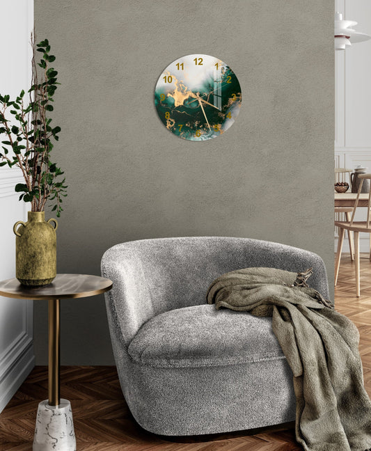 a living room with a chair and a clock on the wall