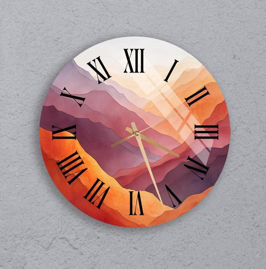 Tempered Glass Wall Clock - Colorful Abstract Mountain Design | Silent, Scratch Resistant