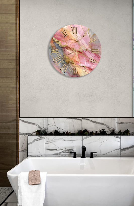 Pink Marble Wall Clock – Tempered Glass, Gold Accent Decor, Abstract Art Timepiece