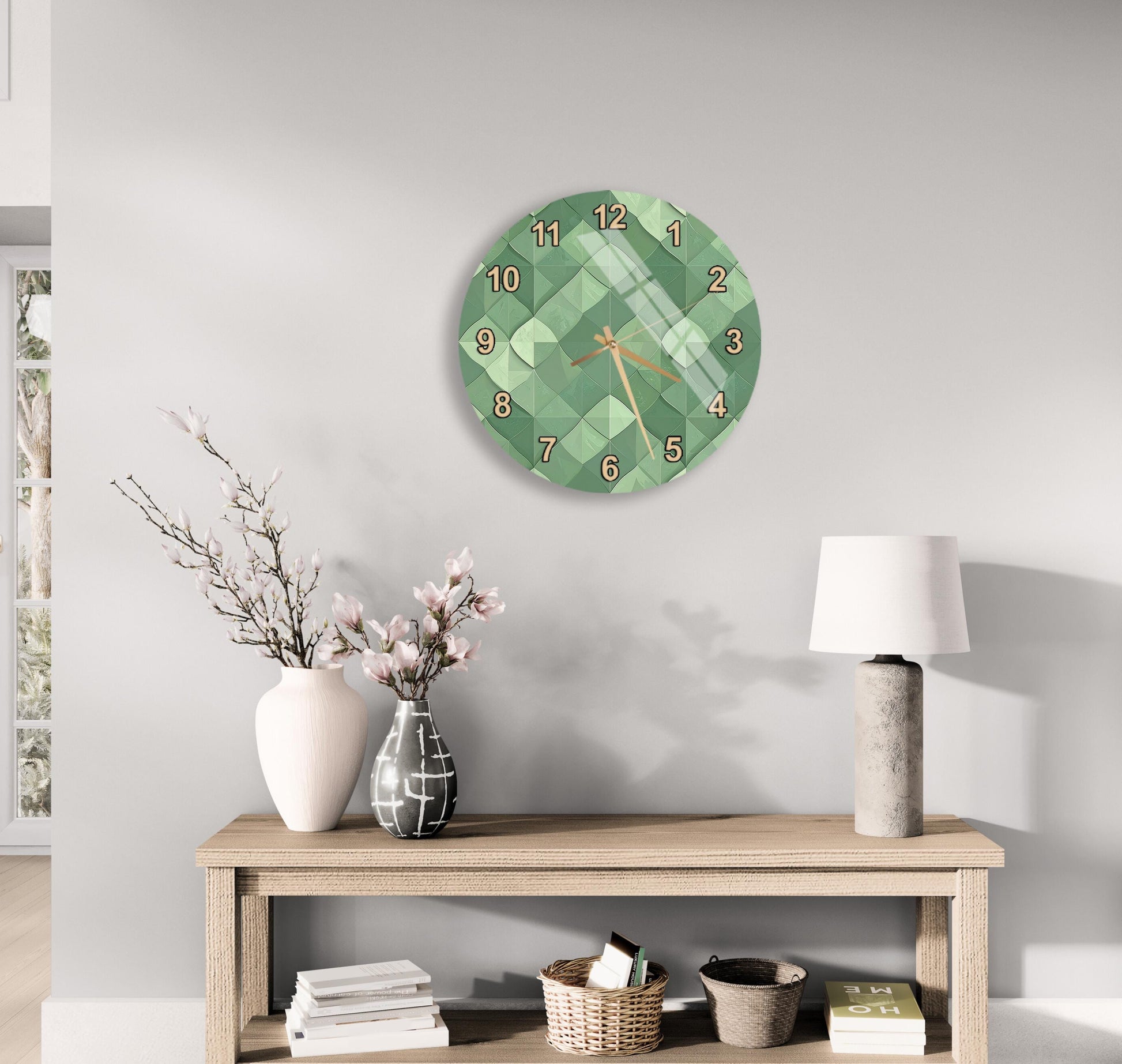 a modern living room with a wooden table, a lamp, a clock, and a vase with flowers.