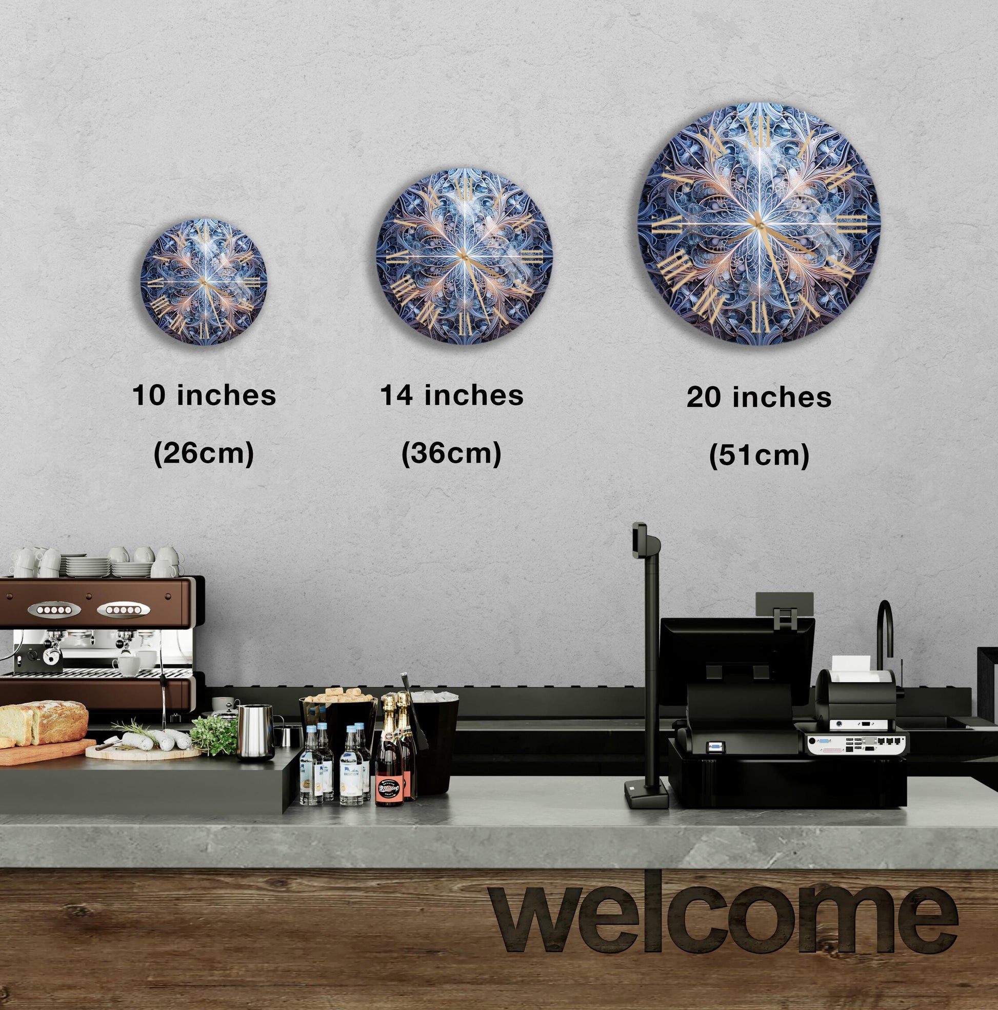 a kitchen counter with three clocks on the wall