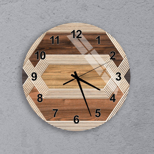 A wall clock with a wooden and beige design, featuring a black clock face with numbers and hands.