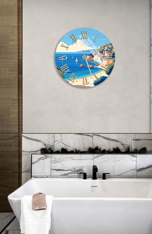 Tempered Glass Wall Clock - Blue Ocean Coastal Style, Silent Sweep, 4mm Glass