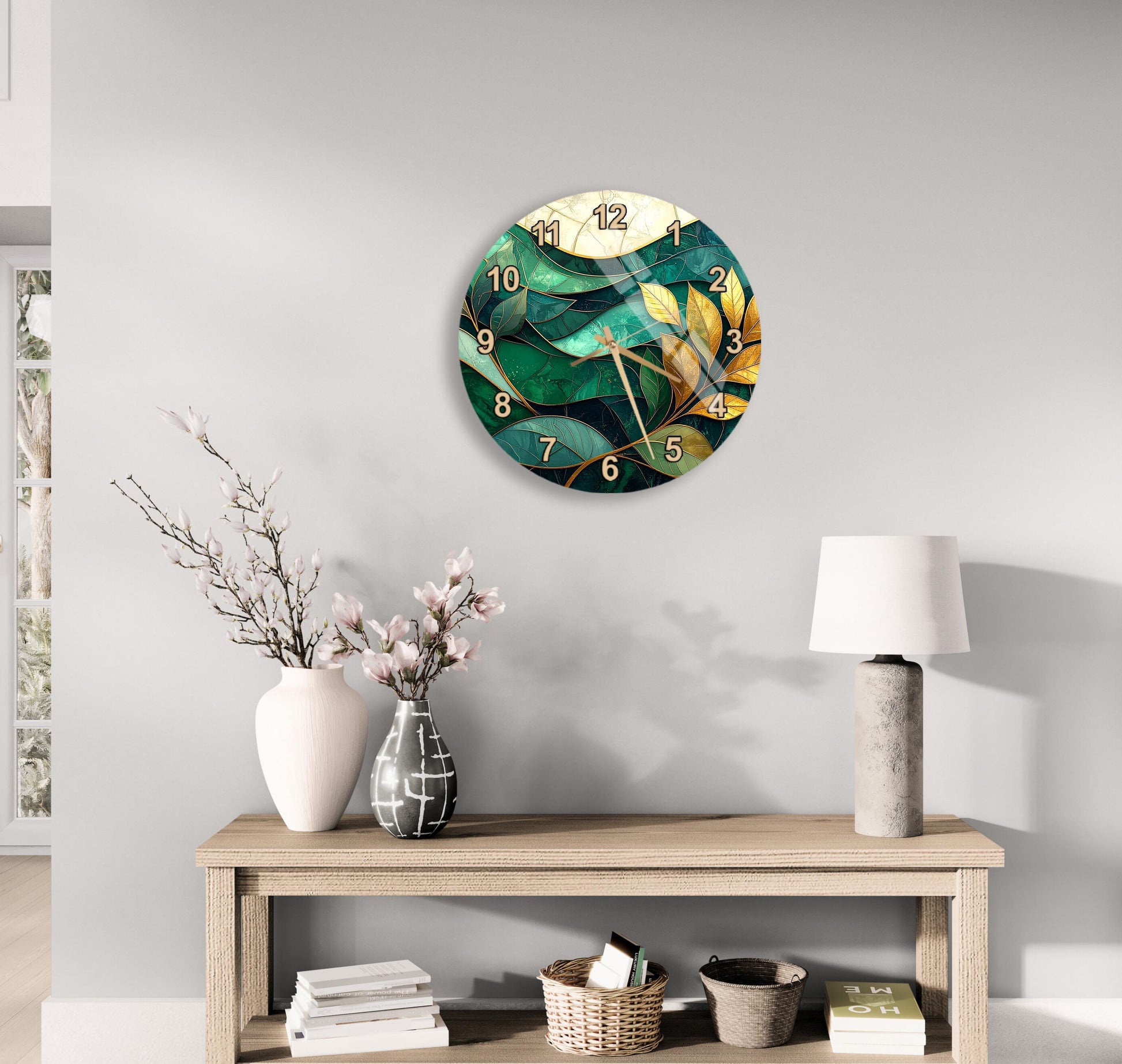 a modern living room with a round wall clock displaying the time as 12:30, a wooden table with a lamp, a vase with flowers, and a stack of books.