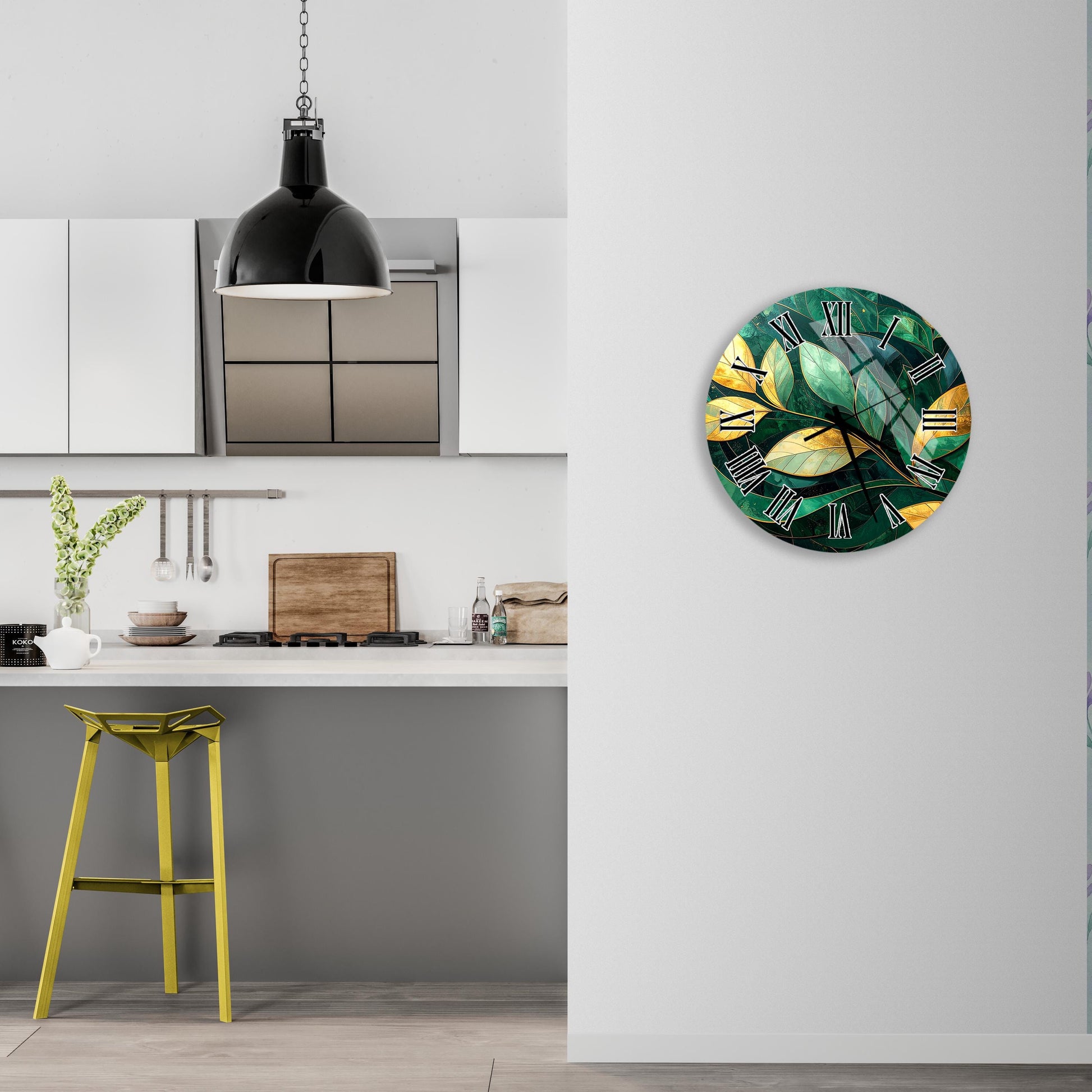 a kitchen with a yellow stool, a hanging lamp, and a round clock with a green and yellow design on the wall.