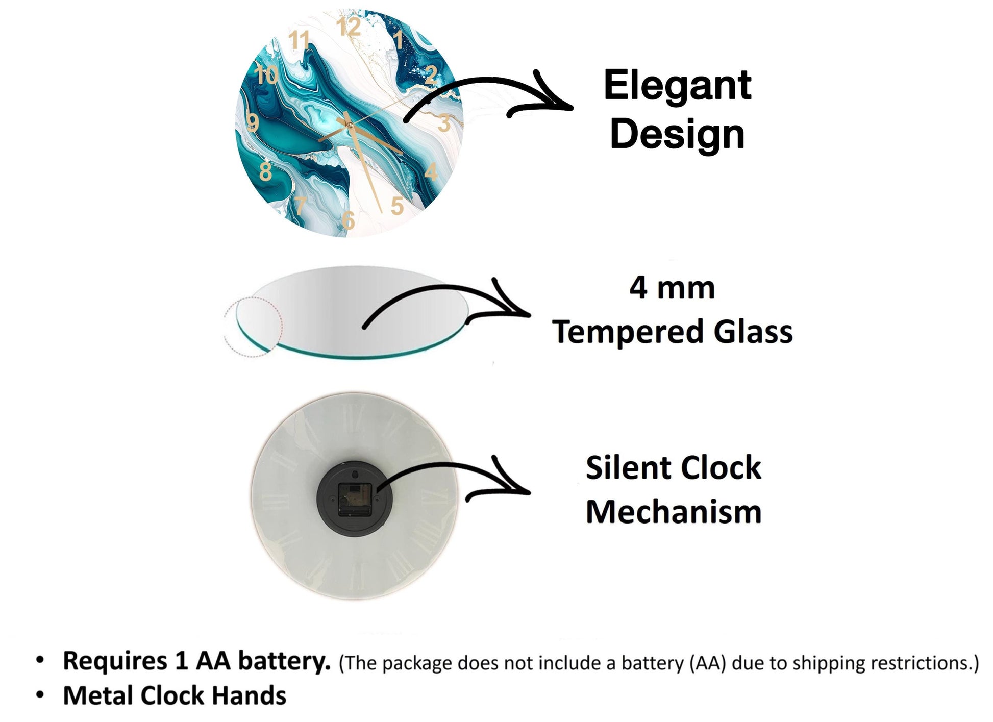 The image is a diagram that illustrates the features of a clock, including its design, size, and mechanism. It shows a 4 mm Tempered Glass face, a silent clock mechanism, and a metal clock hand. The diagram also includes text that explains the features of the clock, such as the requirement of a 1 AA battery and the absence of a battery (AA) due to shipping restrictions.