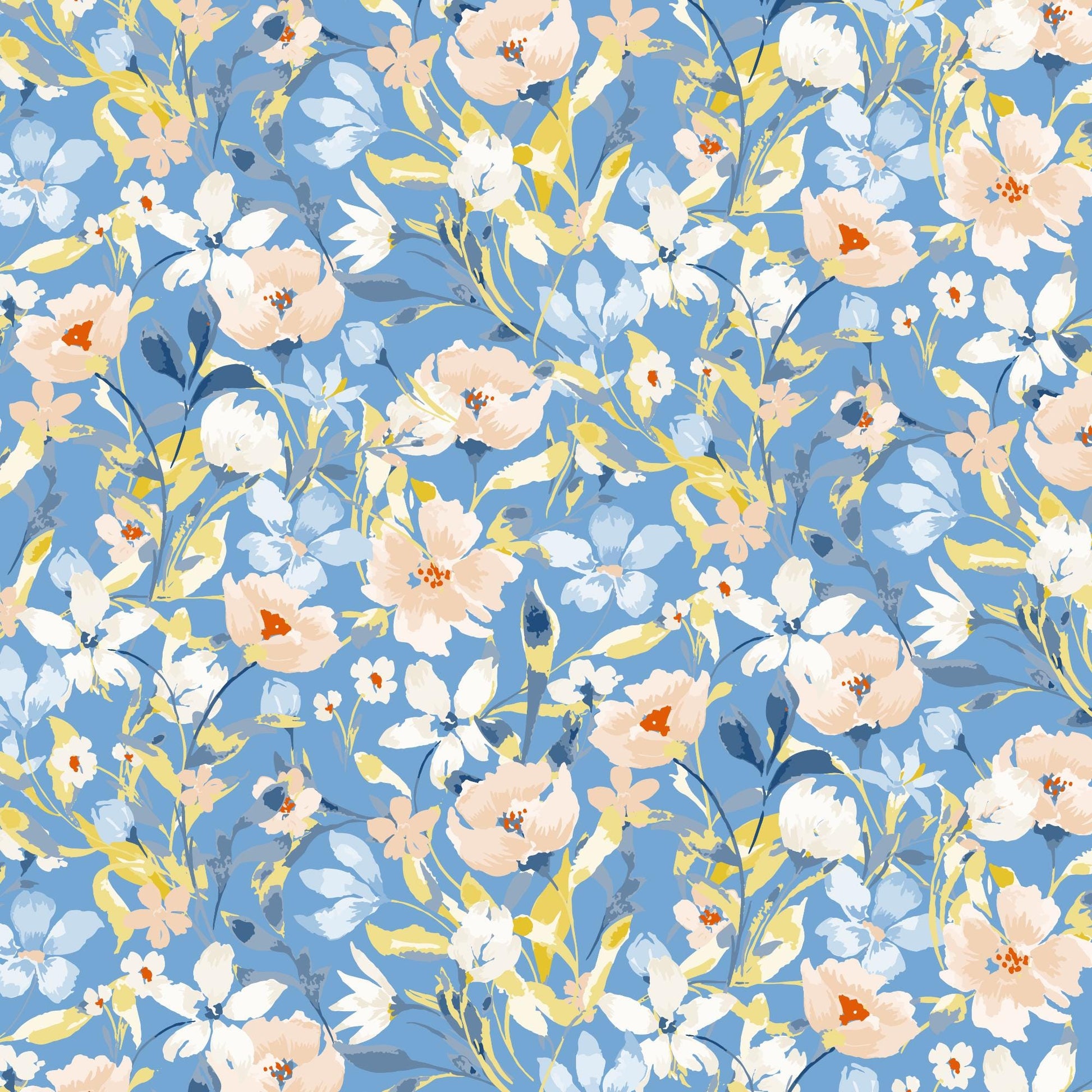 The image is a vibrant and colorful floral pattern featuring various types of flowers and leaves in shades of blue, yellow, and pink. The pattern is composed of numerous individual flowers and leaves, creating a visually striking and dynamic design.