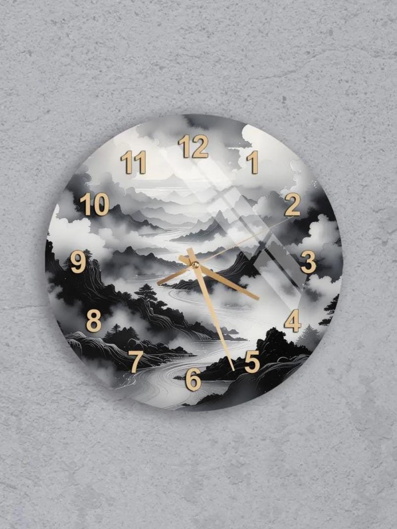 six circular wall clocks with different designs, all featuring clouds and the numbers 1 through 12.