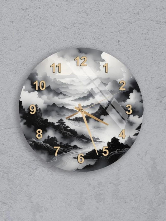 six circular wall clocks with different designs, all featuring clouds and the numbers 1 through 12.