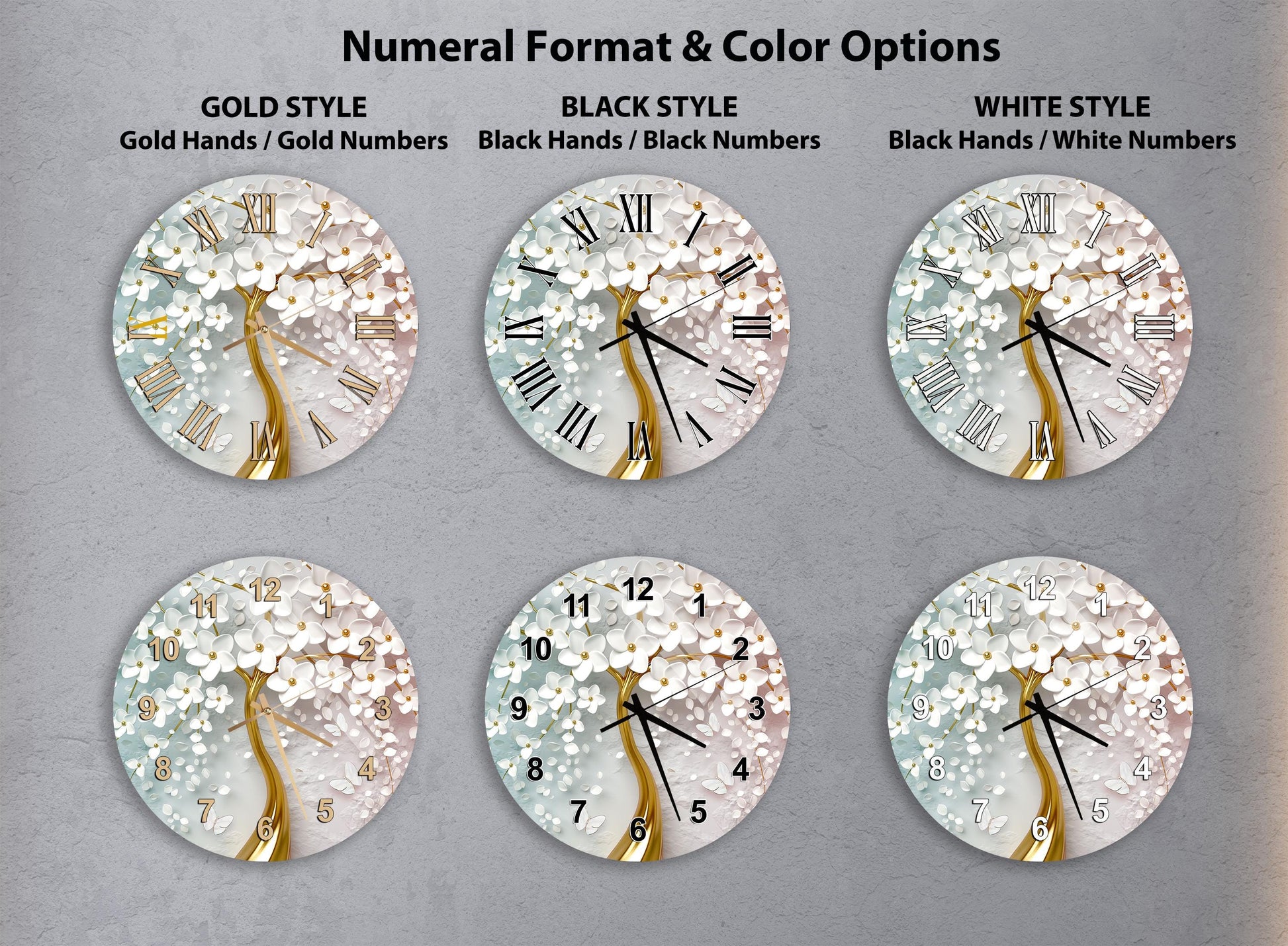 a collection of six clock faces, each with a different style and color option. The clocks feature a tree design with white flowers, and the clock faces are arranged in a grid format.