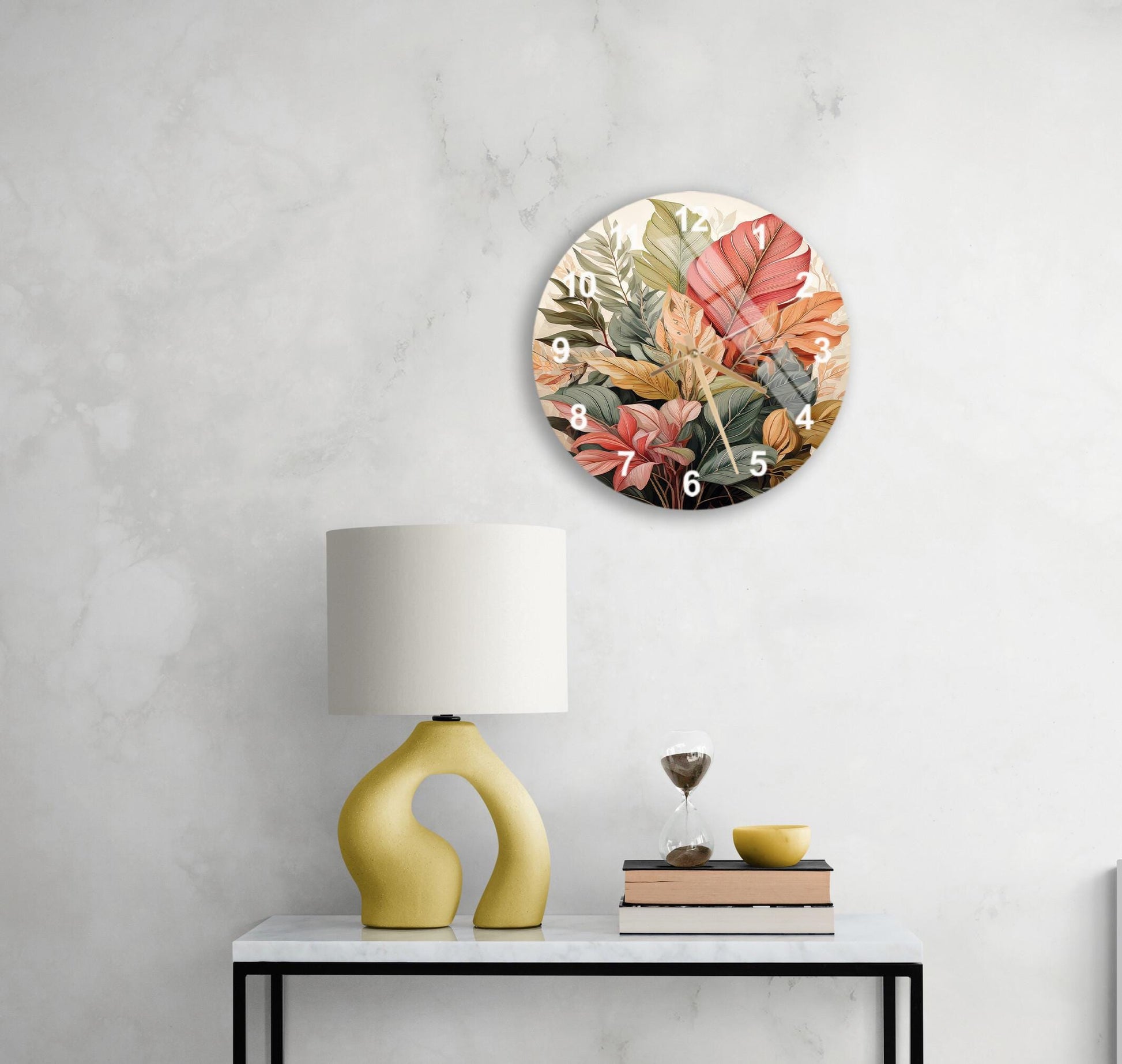 a table with a lamp and a clock on it